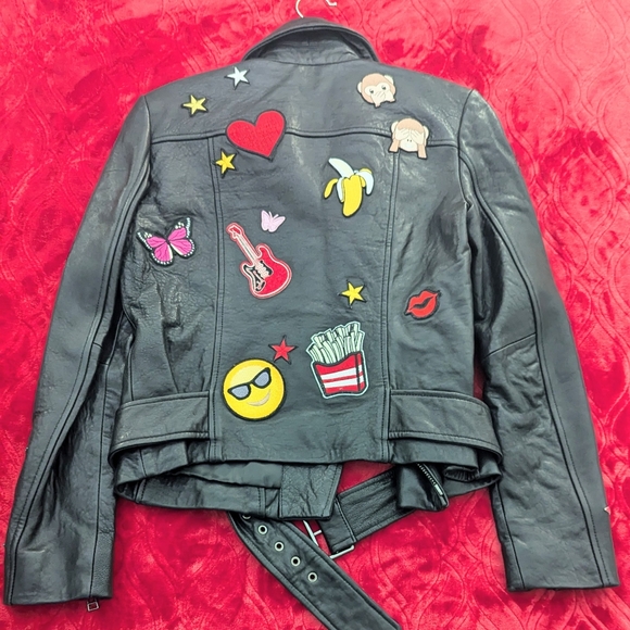 Belle Vere Black Leather Moto Jacket Belted Embellished Applique Size Small - Picture 4 of 9